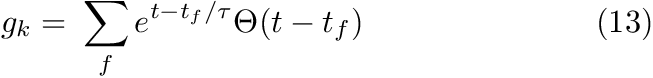 \begin{align*} g_{k} = & ~ \sum \limits_{f} e^{t-t_{f}/ \tau} \Theta(t-t_f) & \text{(13)} \end{align*}